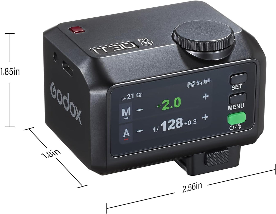 The MobileTechnica Godox iT30 Pro N for Nikon is a compact black camera flash trigger with an LCD settings screen, three buttons (SET, MENU, ON/OFF), and a large control dial, measuring 1.85×1.8×2.56 inches.