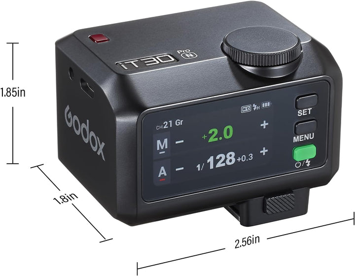 The MobileTechnica Godox iT30 Pro N for Nikon is a compact black camera flash trigger with an LCD settings screen, three buttons (SET, MENU, ON/OFF), and a large control dial, measuring 1.85×1.8×2.56 inches.