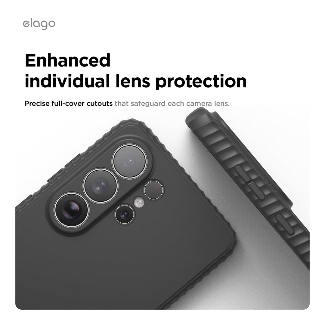 A close-up of the MobileTechnica Samsung Galaxy S26 Ultra Case with MagSafe—elago Ridge Silicone. Premium silicone offers shock protection, raised cutouts shield triple cameras, and textured edges with “elago” branding add style and durability.
