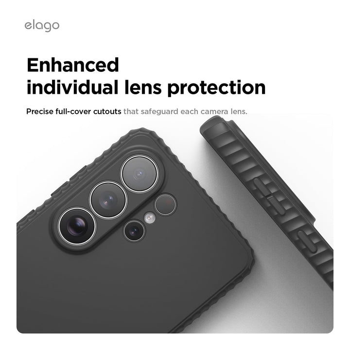 A close-up of the MobileTechnica Samsung Galaxy S26 Ultra Case with MagSafe—elago Ridge Silicone. Premium silicone offers shock protection, raised cutouts shield triple cameras, and textured edges with “elago” branding add style and durability.