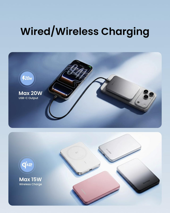 sharge Ultra Magnetic Power Bank 5000mAh, Qi2 15W Wireless Portable Charger, Fast Charging Snap-On Battery Pack for iPhone 17/16 Series