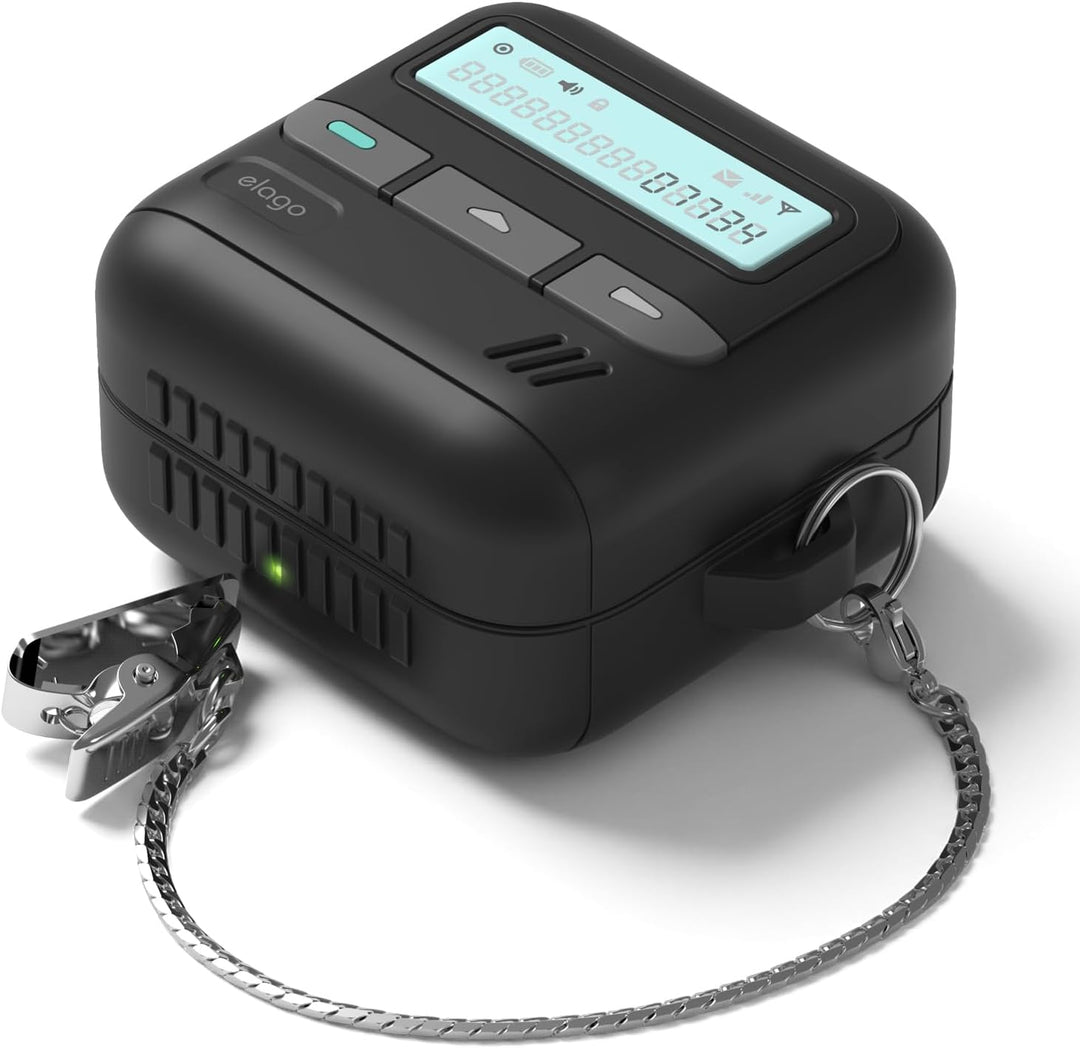 The MobileTechnica Samsung Galaxy Buds 4 Pro & Buds 4 Pager Case (Black) features a retro design with light blue display, three control buttons, side chain with metal clip, lanyard included, full protection, and wireless charging compatibility.