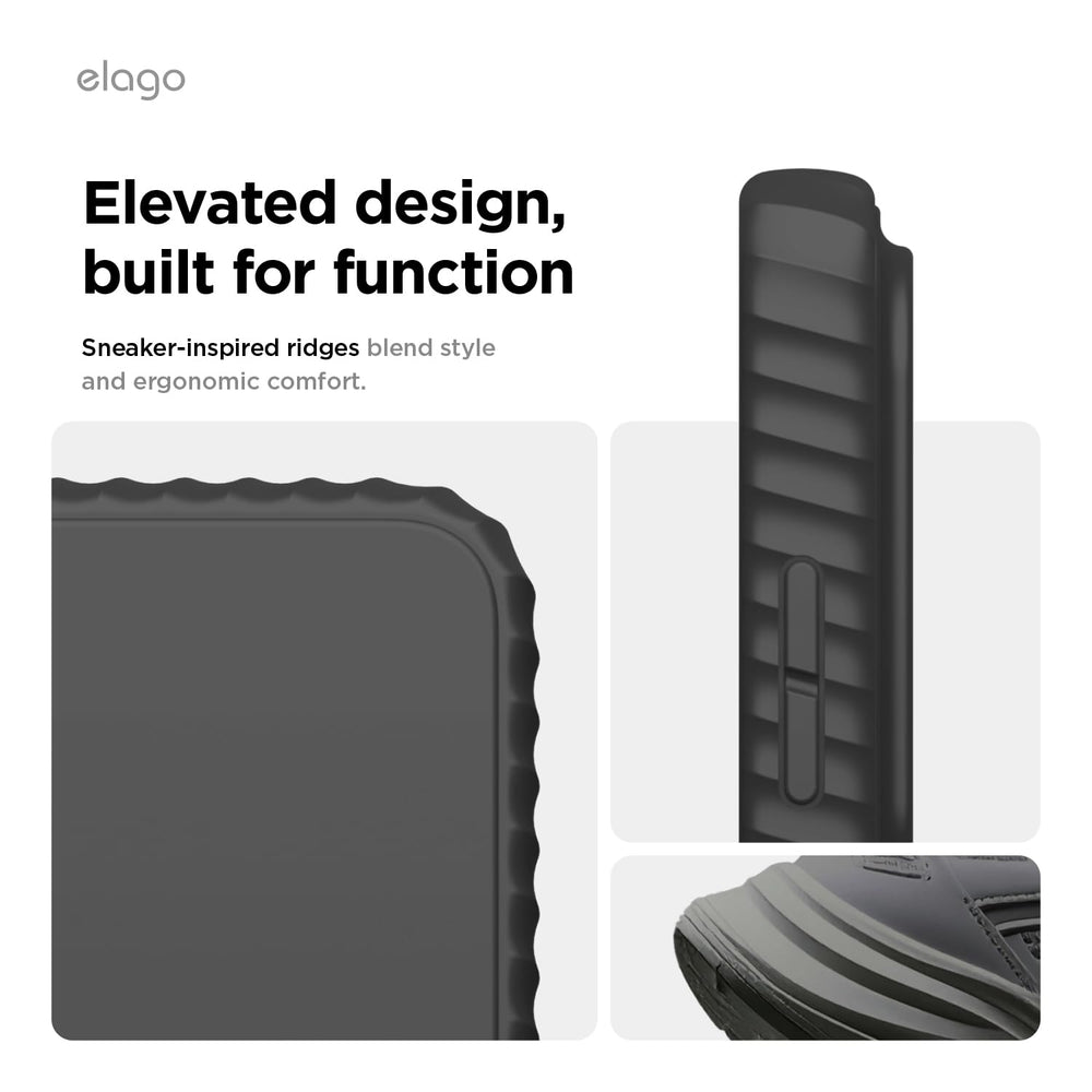 A collage features the MobileTechnica Samsung Galaxy S26 Ultra Case with MagSafe, showcasing sneaker-inspired wavy ridges. The ergonomic design combines style and comfort, while premium silicone offers superior protection for your device.