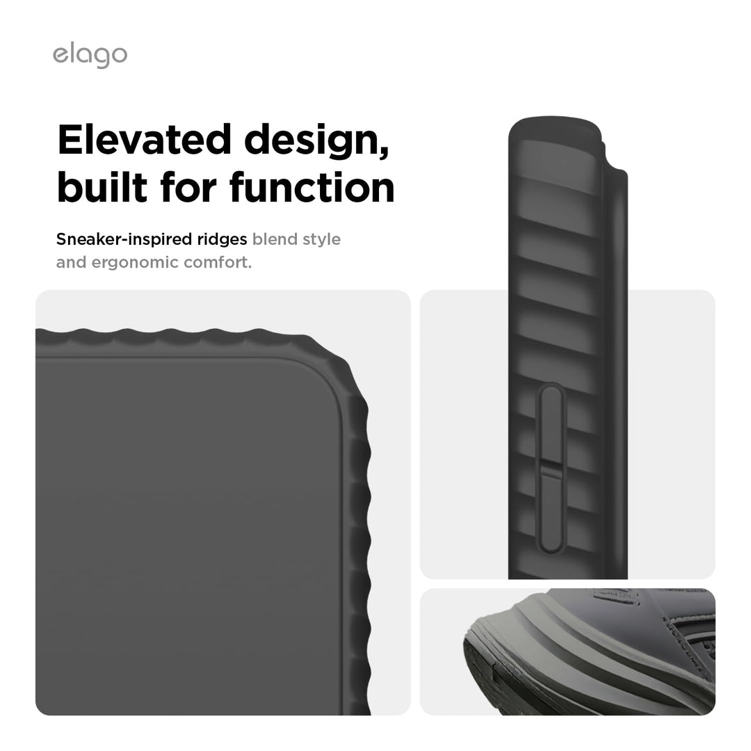 A collage features the MobileTechnica Samsung Galaxy S26 Ultra Case with MagSafe, showcasing sneaker-inspired wavy ridges. The ergonomic design combines style and comfort, while premium silicone offers superior protection for your device.