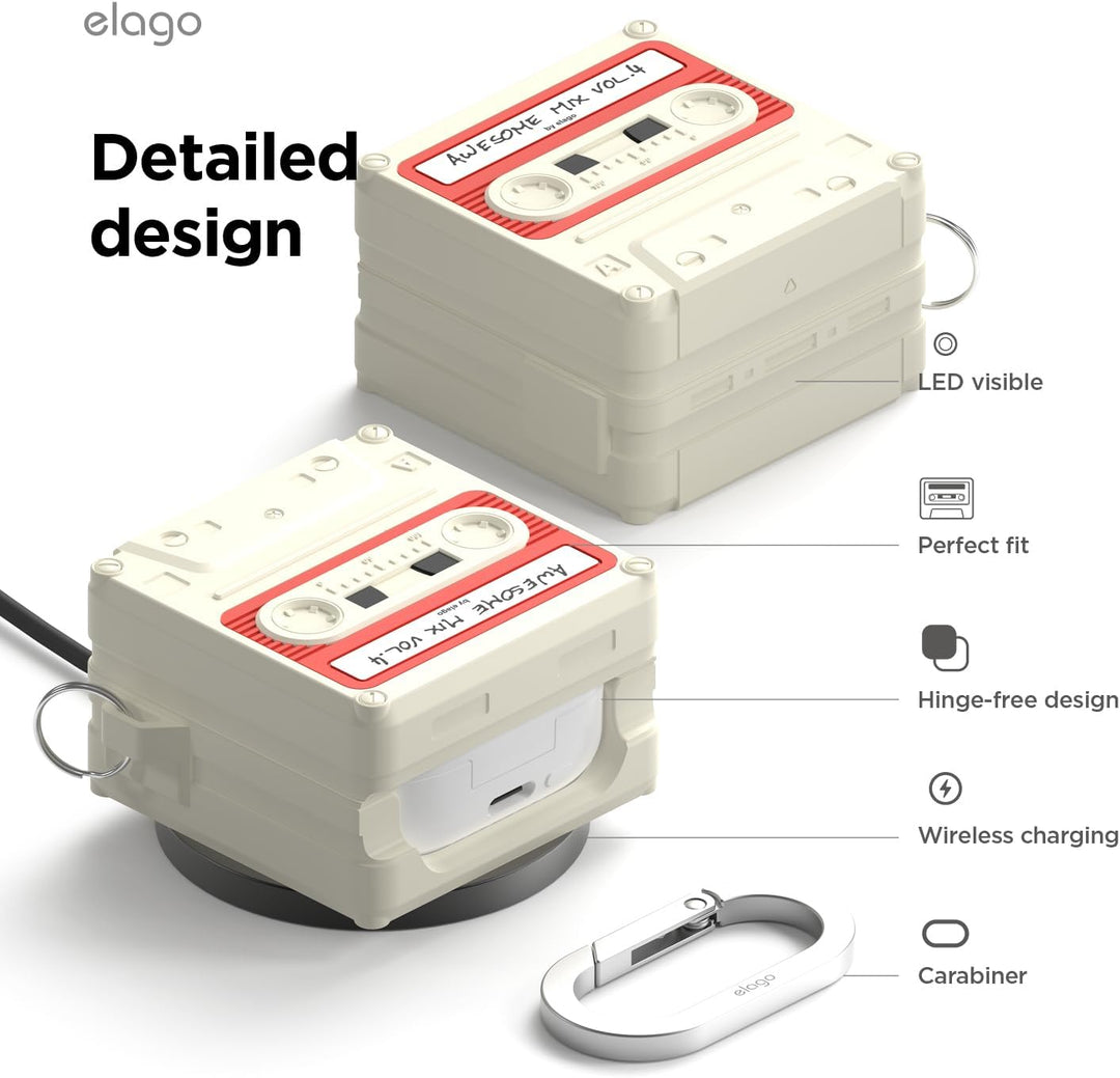 Two classic white, retro cassette-style cases for Samsung Galaxy Buds 4/4 Pro by MobileTechnica rest side by side—one upright with LED visible, the other tilted to reveal wireless charging. Metal carabiner included; silicone protects your buds in vintage style.