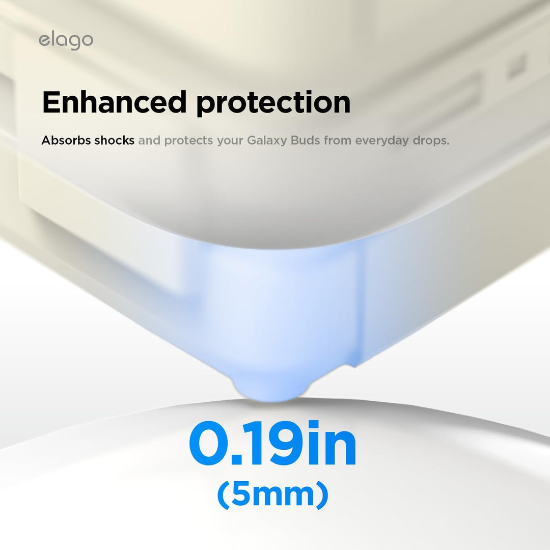 Close-up of the MobileTechnica Samsung Galaxy Buds 4 Pro & Galaxy Buds 4 Case (Classic White) shows its 0.19in (5mm) thickness and silicone drop protection, keeping your earbuds safe from everyday drops. Carabiner included for full protection.