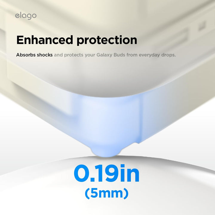 Close-up of the MobileTechnica Samsung Galaxy Buds 4 Pro & Galaxy Buds 4 Case (Classic White) shows its 0.19in (5mm) thickness and silicone drop protection, keeping your earbuds safe from everyday drops. Carabiner included for full protection.