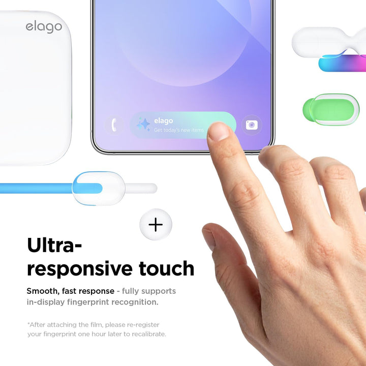 A hand’s index finger touches a Samsung Galaxy S26 Ultra with a fingerprint icon and notification, highlighting ultra-responsive touch. The MobileTechnica Elago 2-pack screen protector fully supports in-display fingerprint recognition.