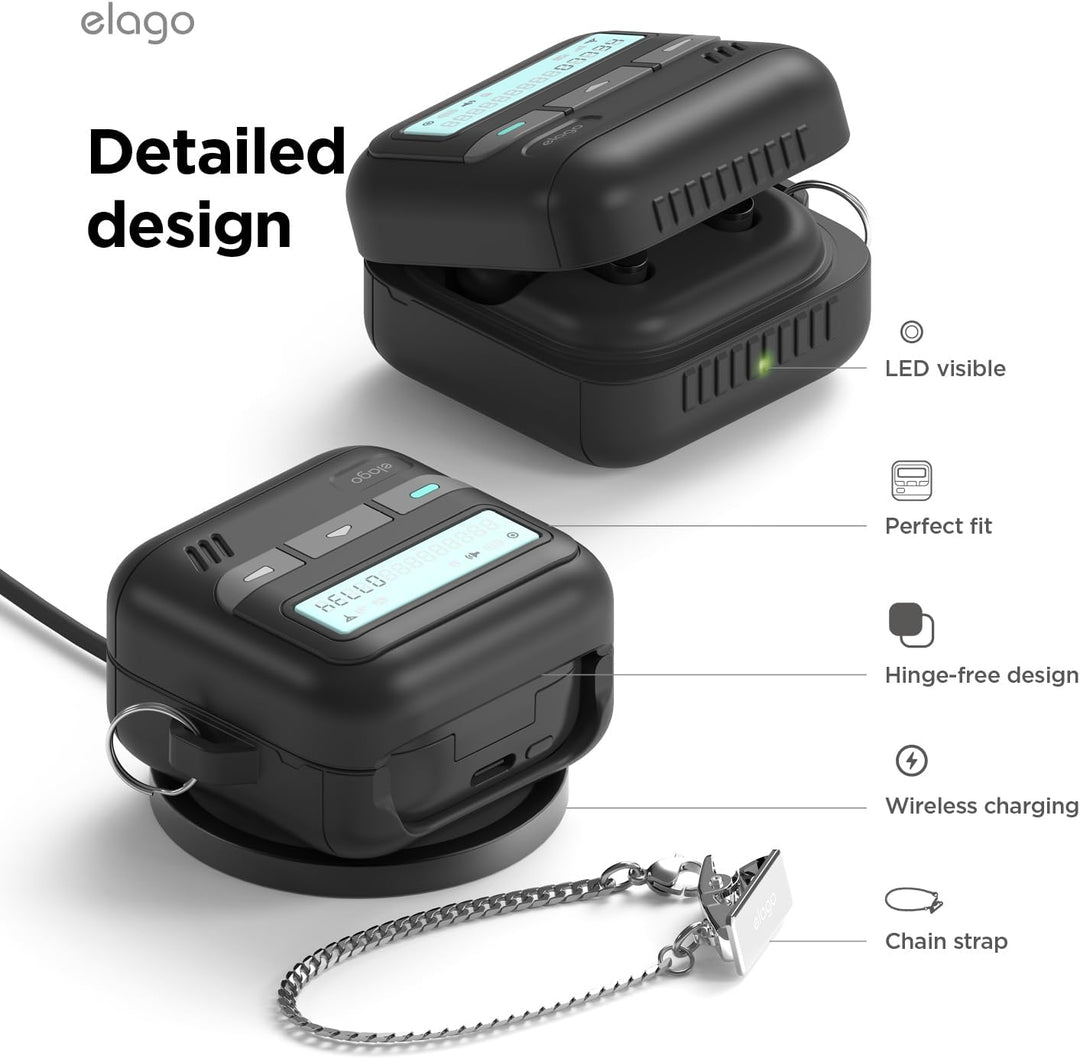 A black MobileTechnica Pager Case for Samsung Galaxy Buds 4 Pro & Buds 4 is shown, featuring a retro design, lanyard, full protection, visible LED compatibility, perfect fit, and hinge-free silicone cover with "Detailed design" text on the left.
