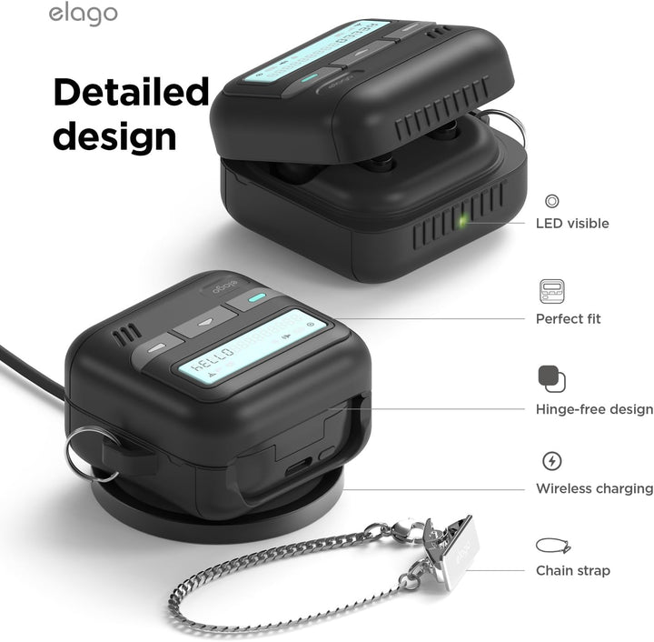 A black MobileTechnica Pager Case for Samsung Galaxy Buds 4 Pro & Buds 4 is shown, featuring a retro design, lanyard, full protection, visible LED compatibility, perfect fit, and hinge-free silicone cover with "Detailed design" text on the left.