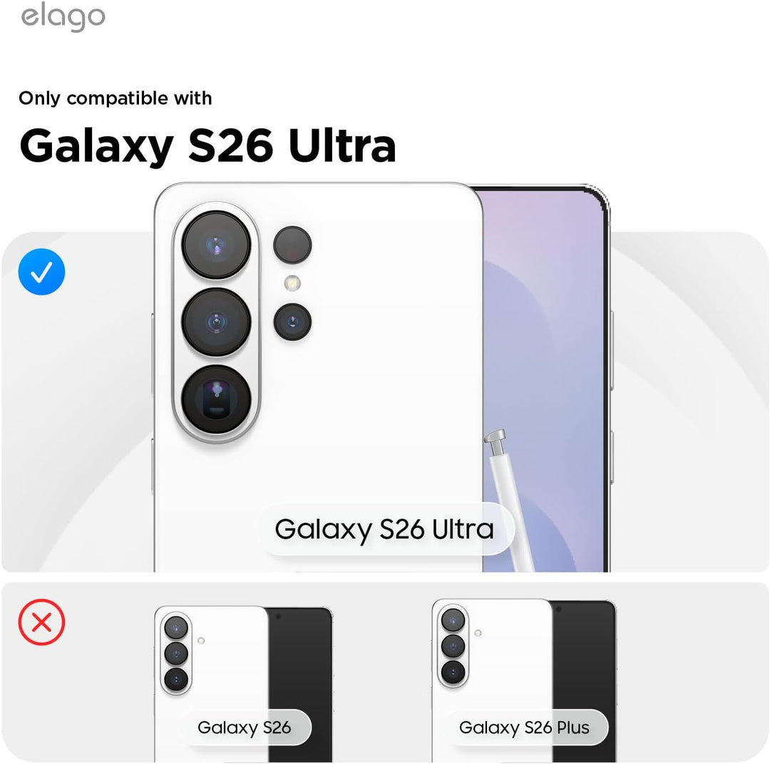 A graphic shows compatibility for the MobileTechnica Samsung Galaxy S26 Ultra Screen Protector (Elago 2-pack): a blue checkmark and “Galaxy S26 Ultra” label indicate a fit, while “previous/next page” mark incompatible S26 and S26 Plus cases.