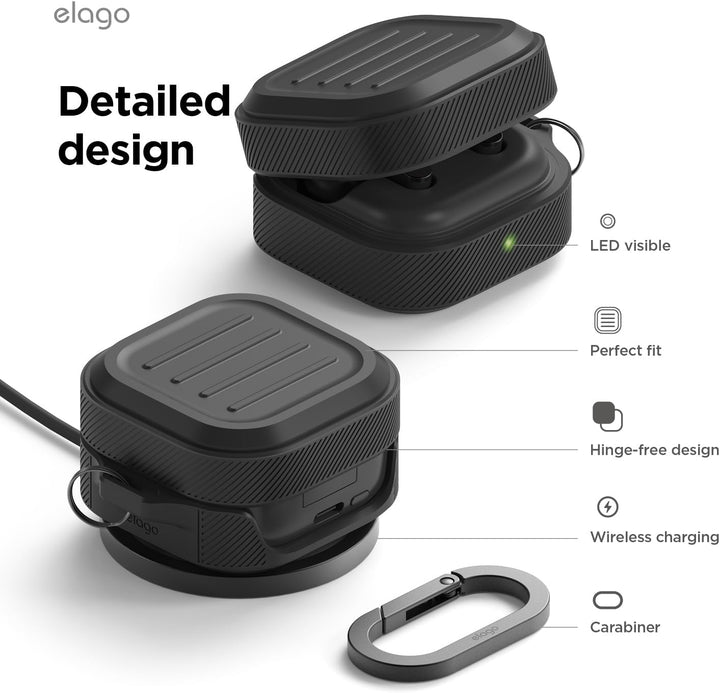 The MobileTechnica Samsung Galaxy Buds 4 Pro & Galaxy Buds 4 Case Premium Silicone Cover in black is shown open and closed, highlighting its LED visibility, perfect fit, hinge-free design, wireless charging, and detachable carabiner.