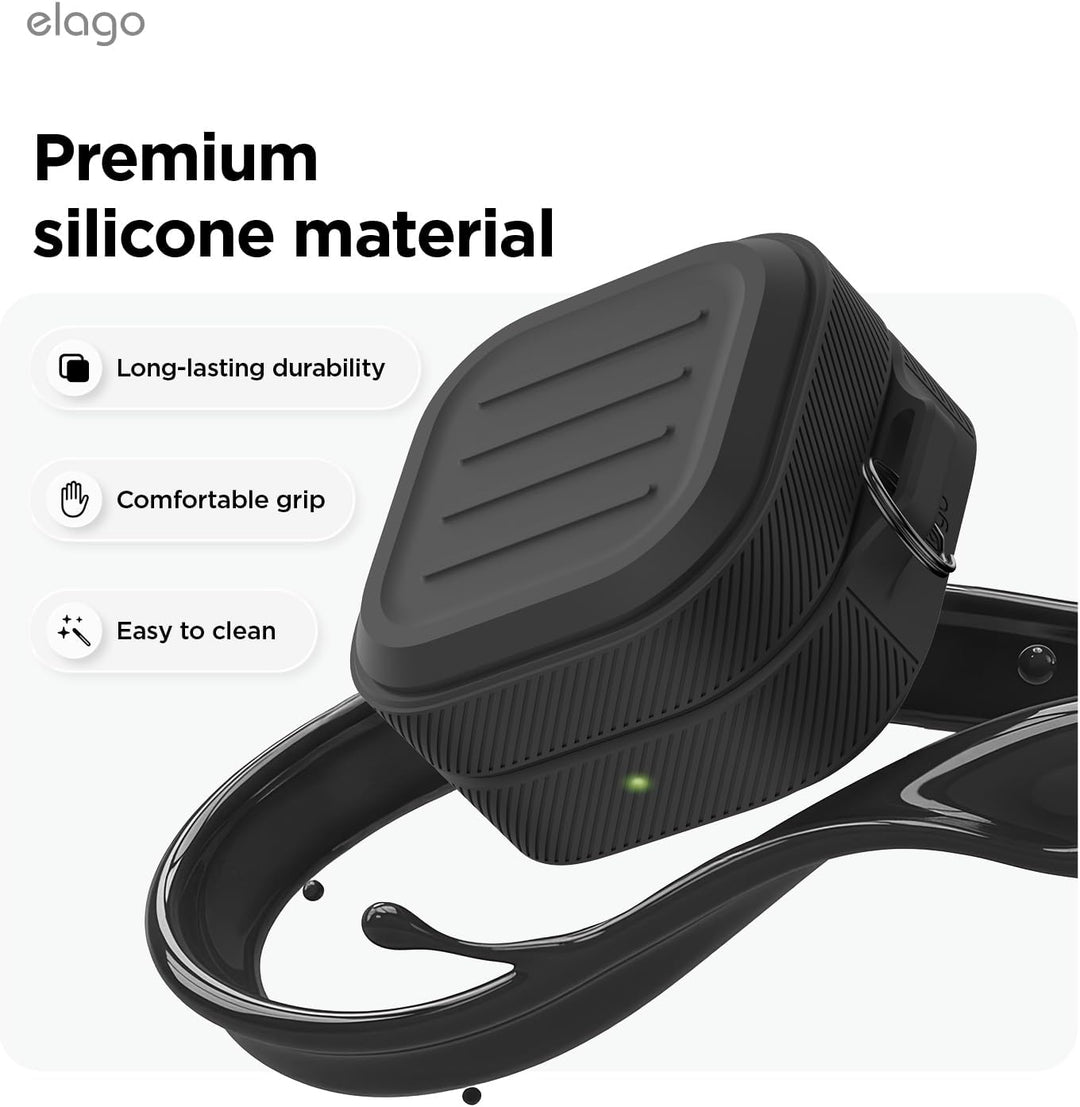 The MobileTechnica Samsung Galaxy Buds 4 Pro & Buds 4 Case is a premium black silicone cover with textured ridges for durability, comfort, and easy cleaning. Wireless charging compatible, it features a stylish square design with glossy black accents.