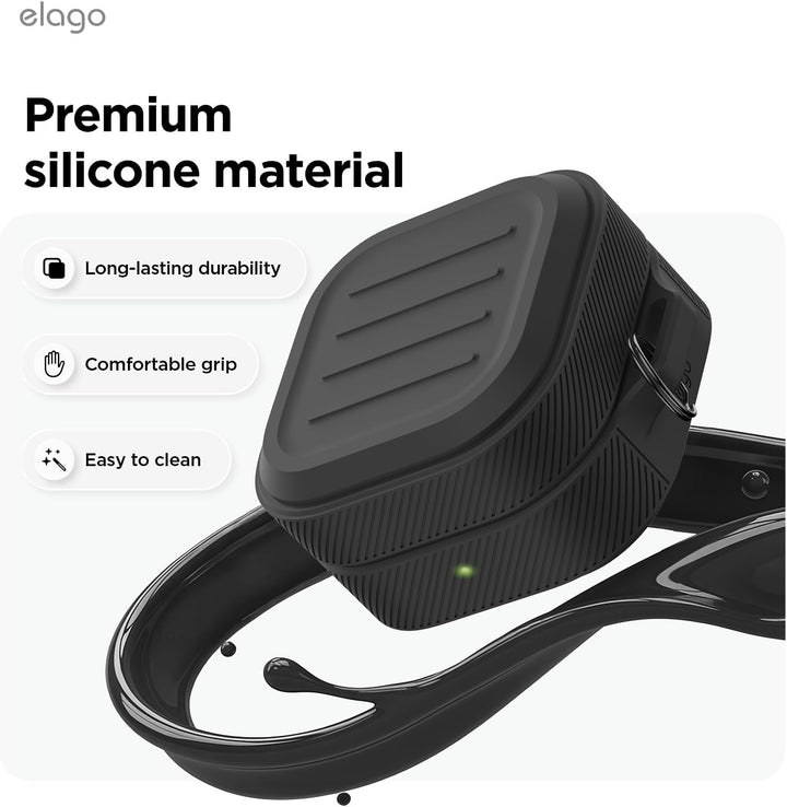 The MobileTechnica Samsung Galaxy Buds 4 Pro & Buds 4 Case is a premium black silicone cover with textured ridges for durability, comfort, and easy cleaning. Wireless charging compatible, it features a stylish square design with glossy black accents.
