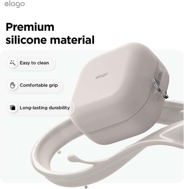 A Stone beige MobileTechnica silicone case for Samsung Galaxy Buds 4 Pro & Buds 4 with a metal carabiner is centered on a white background with a liquid swirl beneath. Text highlights its easy cleaning, comfortable grip, and long-lasting durability.