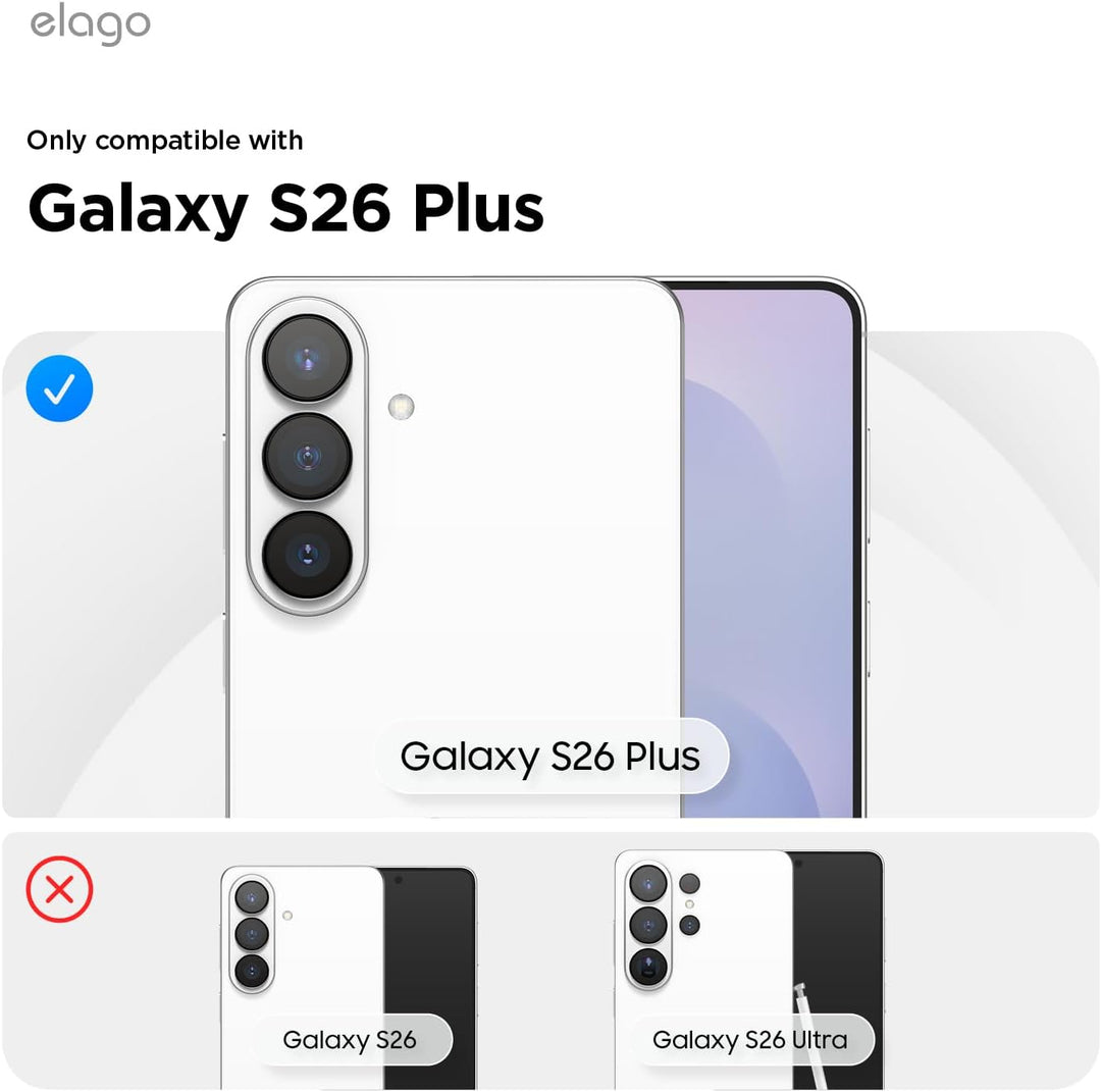 Graphic showing compatibility with Samsung Galaxy S26 Ultra. The top section displays a large image of a Galaxy S26 Ultra with a blue check mark. Next/previous page icons are below, beside two smaller incompatible phones. Product: MobileTechnica Elago 2-pack.