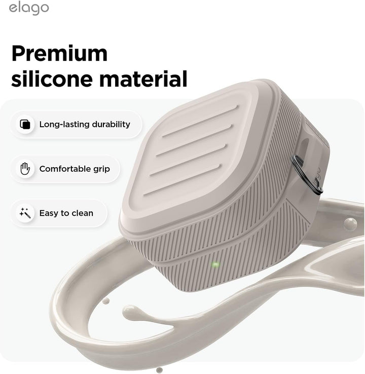 A beige, square MobileTechnica premium silicone case for Samsung Galaxy Buds 4 Pro & Buds 4 is shown with a carabiner on a swirl of liquid. Icons feature durability, grip, easy cleaning, and wireless charging. "Premium silicone material" stands out in the background.