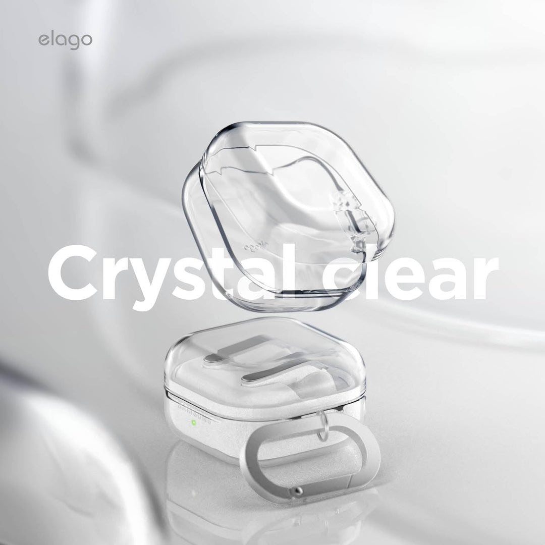 A clear, hard-shell MobileTechnica case for Samsung Galaxy Buds 4 Pro & Buds 4 floats open above a matching closed cover with keyring. Bold white "Crystal clear" text appears. The soft background shows an elago logo in the top left. Wireless charging compatible.