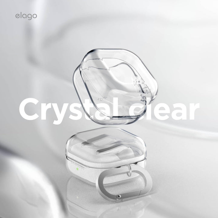 A clear, hard-shell MobileTechnica case for Samsung Galaxy Buds 4 Pro & Buds 4 floats open above a matching closed cover with keyring. Bold white "Crystal clear" text appears. The soft background shows an elago logo in the top left. Wireless charging compatible.