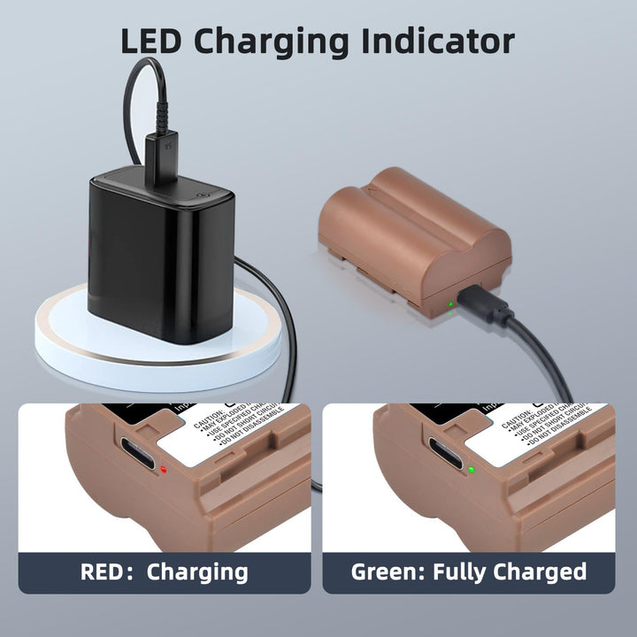 The image shows the Tectra NP-W235 Battery by MobileTechnica with USB-C fast charging and LED status indicators (“RED: Charging”, “Green: Fully Charged”) for Fujifilm cameras, emphasizing its clear charge display and 2.5H full charge time.