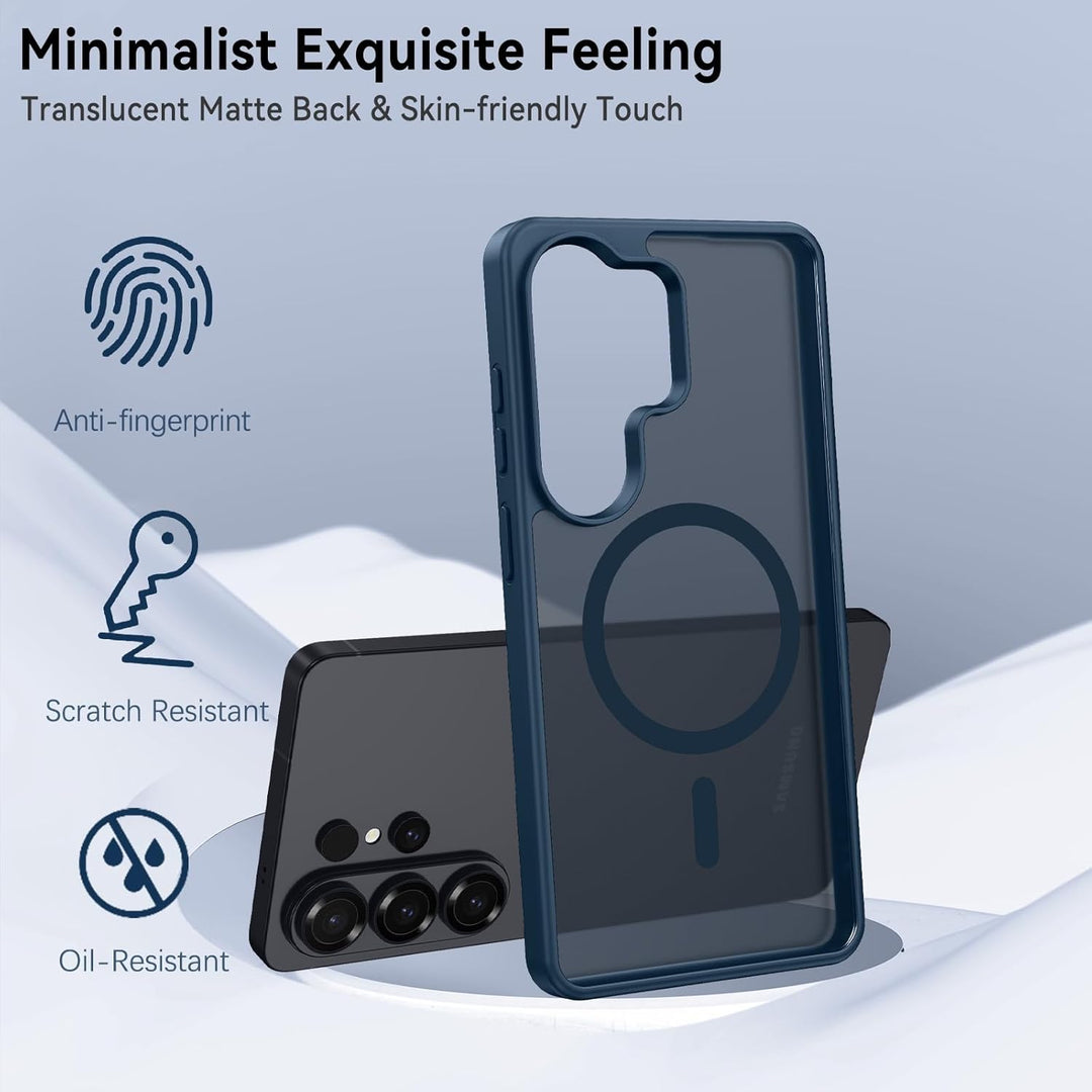 A grey-edged, translucent matte MobileTechnica Samsung Galaxy S26 Ultra Case with MagSafe stands upright by a black phone. It offers anti-fingerprint, scratch and oil resistance, skin-friendly feel, military-grade drop protection, and MagSafe ring cutouts.