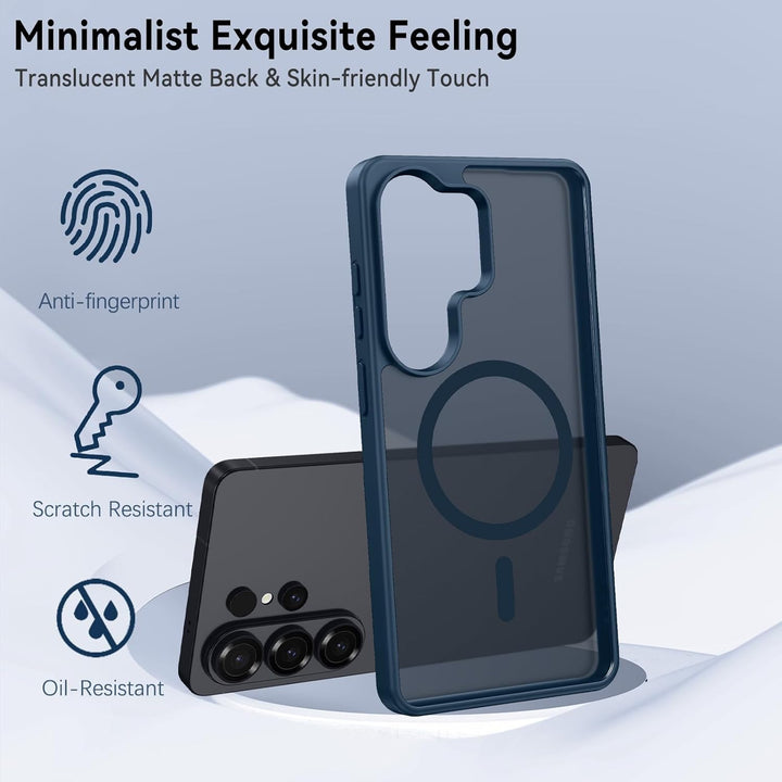 A grey-edged, translucent matte MobileTechnica Samsung Galaxy S26 Ultra Case with MagSafe stands upright by a black phone. It offers anti-fingerprint, scratch and oil resistance, skin-friendly feel, military-grade drop protection, and MagSafe ring cutouts.