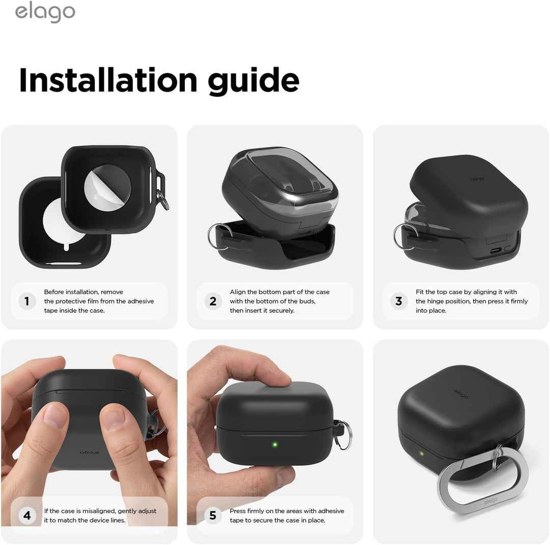 Six-step guide for installing the MobileTechnica Samsung Galaxy Buds 4 Pro & Galaxy Buds 4 Case (Silicone, Full Protection, Wireless Charging, Stone): carousel shows removing adhesive film, aligning pieces, securing fit, and metal carabiner on a sleek background.