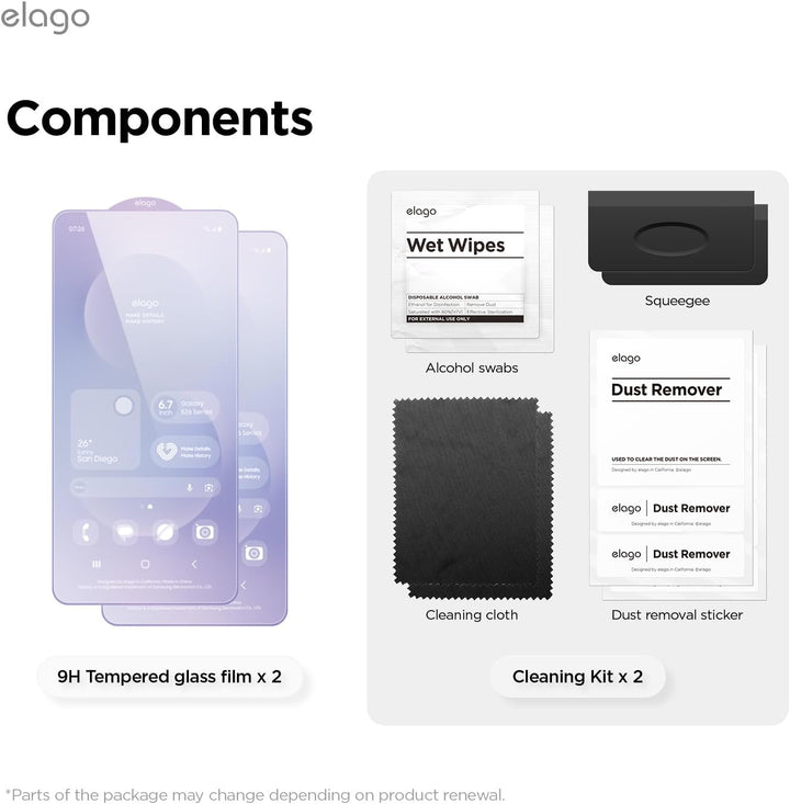 The image displays the MobileTechnica Samsung Galaxy S26 Ultra Screen Protector - Elago 2-pack, featuring two purple-tinted 9H tempered glass films plus a cleaning kit with wipes, alcohol swabs, dust removers, squeegee, and cleaning cloth.