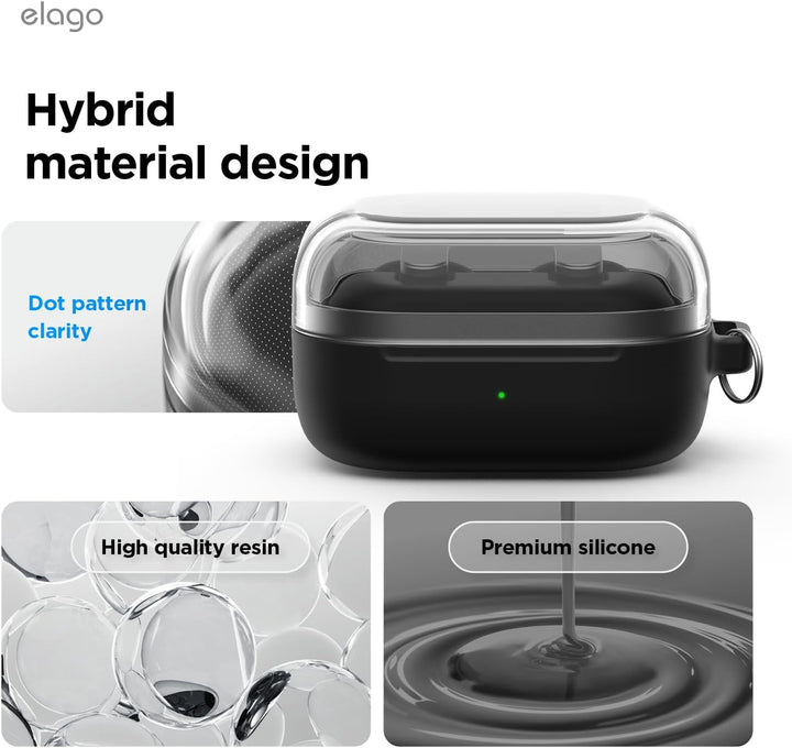 elago Duo Case with Carabiner, Compatible with Samsung Galaxy Buds 4 Pro Case & Galaxy Buds 4 Case, Premium Silicone + TPU Cover, Wireless Charging, for Men, for Women (Clear - Black)