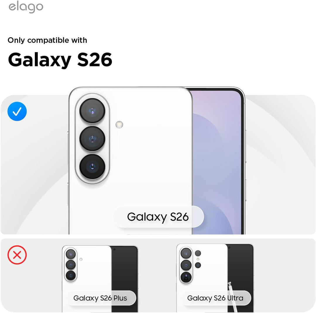 Image shows a compatibility guide for the MobileTechnica Samsung Galaxy S26 Ultra Screen Protector (Elago 2-pack): only the white Galaxy S26 Ultra with three cameras is checked as compatible; S26 and S26 Plus are not compatible. Use arrows to view other guides.