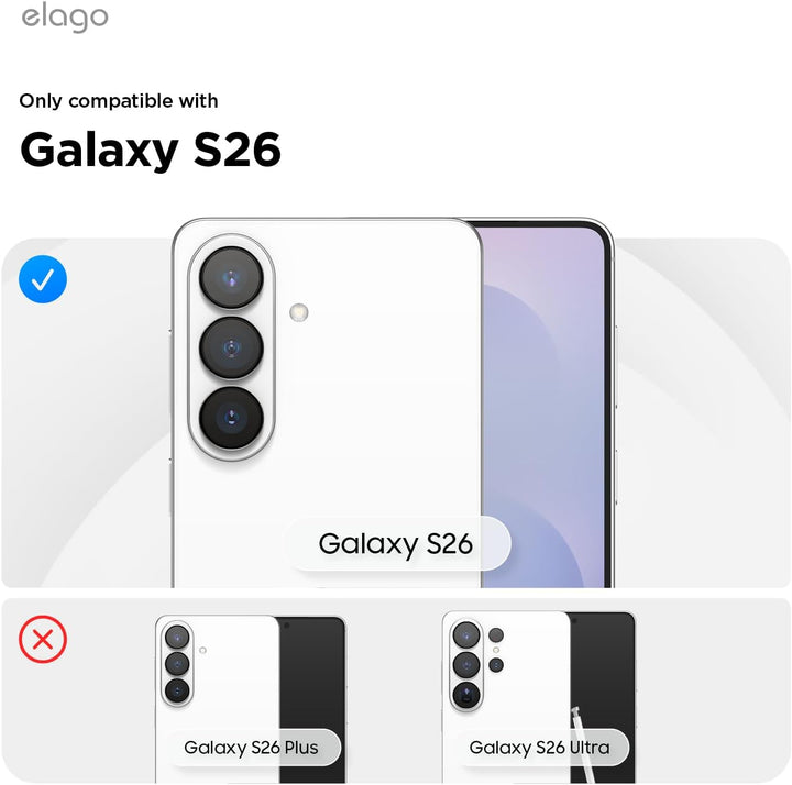 Image shows a compatibility guide for the MobileTechnica Samsung Galaxy S26 Ultra Screen Protector (Elago 2-pack): only the white Galaxy S26 Ultra with three cameras is checked as compatible; S26 and S26 Plus are not compatible. Use arrows to view other guides.