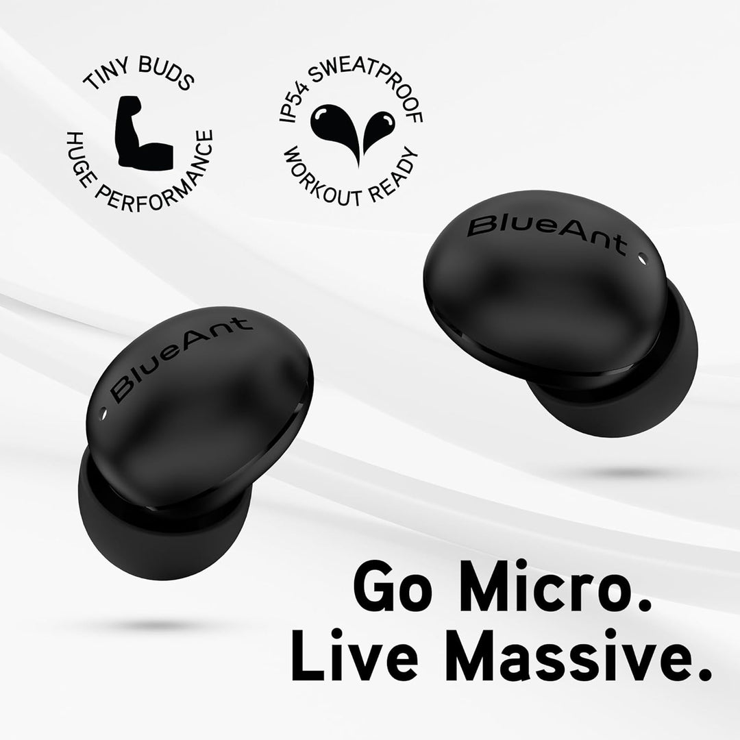 BlueAnt Pump Air Micro True Wireless in Ear Buds, Lightweight 4g Design, Compact Charging Case, Powerful Sound, IP54 Sweatproof/Splashproof, All-Day Battery Life, 6mm Driver, 30hrs Playtime, Black