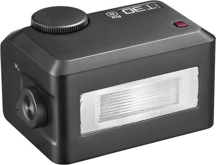 The MobileTechnica Godox iT30 Pro N for Nikon is a black rectangular camera flash with a textured top dial, red indicator light, large white flash panel, circular side connector port, and "PRO T30" in white letters.