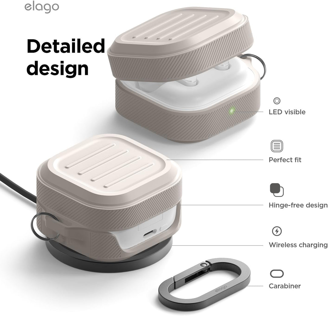 Two black square MobileTechnica cases protect Samsung Galaxy Buds 4 Pro & Buds 4, shown open and closed. Features: visible LED, perfect fit, hinge-free design, wireless charging, silver carabiner. Text: "Detailed Design.