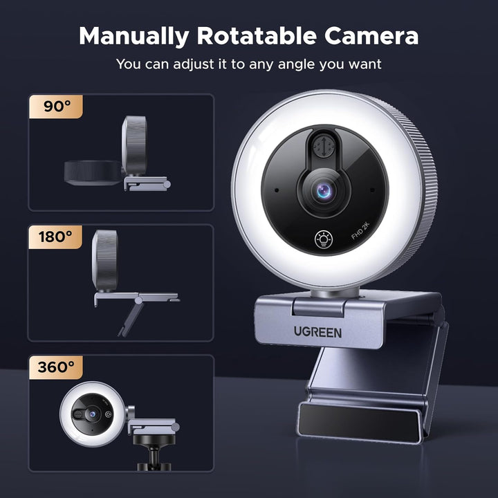UGREEN 2K@30fps USB Webcam for PC, Adjustable Ring Light, Dual Mic for Clear Stereo Audio, Noise Cancelling, USB Web Cam Camera for Skype, Zoom Meeting, Live Streaming, Video Calling, Conferences