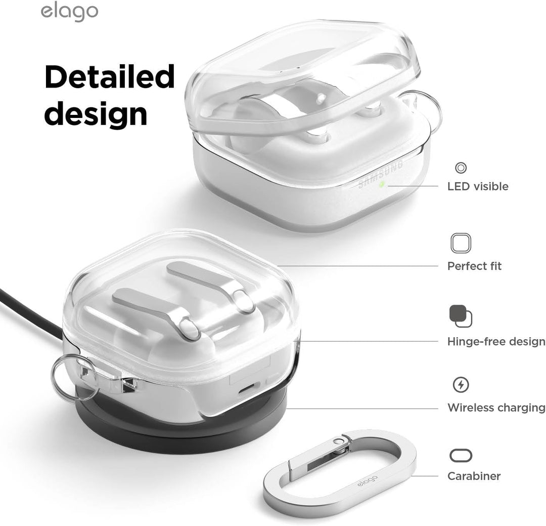 MobileTechnica’s Samsung Galaxy Buds 4 Pro & Buds 4 Case is a premium clear cover with a hinge-free design, LED visibility, perfect fit, wireless charging support, and includes a metal carabiner—shown here on a charging pad.