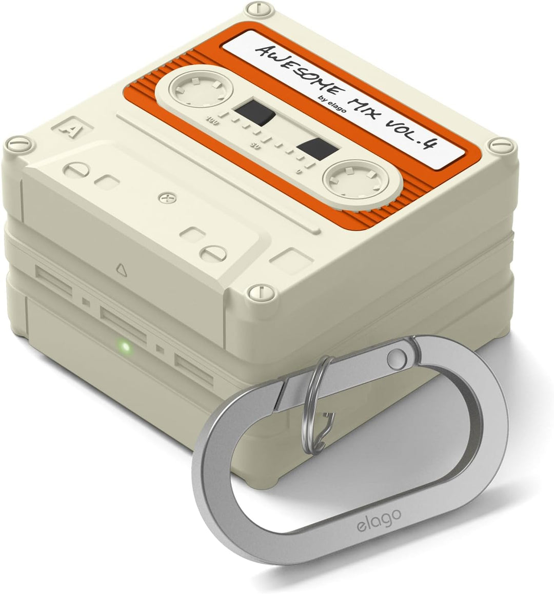 A classic white Samsung Galaxy Buds 4 Pro case by MobileTechnica, designed like a vintage cassette, is stacked with its matching pair. A silver carabiner is included for easy carrying, and the lower case displays a visible green indicator light.