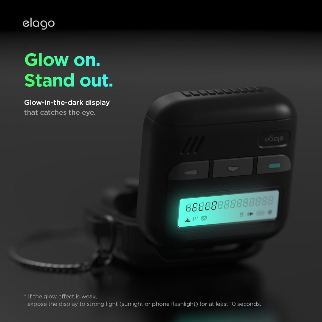 The MobileTechnica Samsung Galaxy Buds 4 Pro & Buds 4 Cover is a black, retro-style pager case with a square glowing digital display, green symbols, glow-in-the-dark features after light exposure, lanyard included, and wireless charging compatibility.