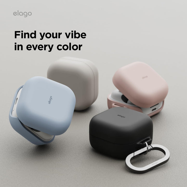 Four MobileTechnica Galaxy Buds 4 Pro cases in stone silicone sit on a light surface, premium styled. One features a keyring. “Find your vibe in every color” appears above while the background shows open cases with buds inside.
