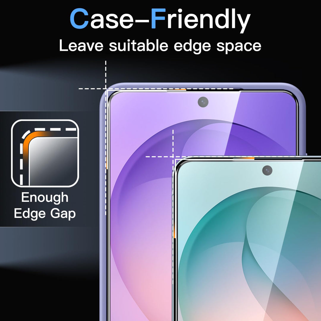 MobileTechnica Samsung Galaxy S26 Ultra Screen Protector Glass Film, Antireflective 2-Pack, shown on two phones with visible edge gaps for case compatibility. Labeled inset displays “enough edge gap.” Easy to install.