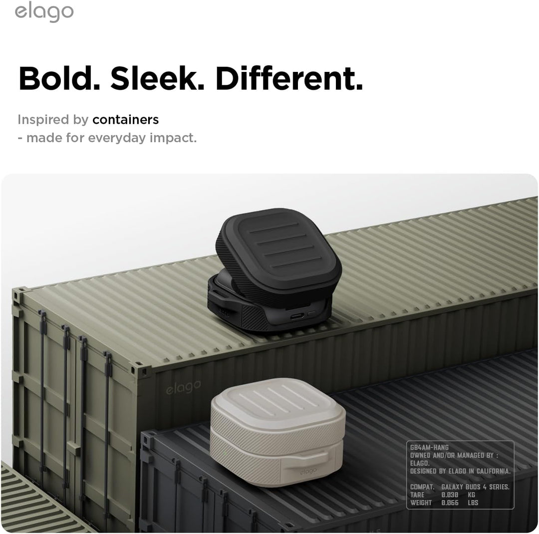 Two square, textured MobileTechnica cases—one black for the Samsung Galaxy Buds 4 Pro and one beige—sit on dark green and tan shipping containers, mirroring their design inspiration. Wireless charging; premium silicone cover (Black).