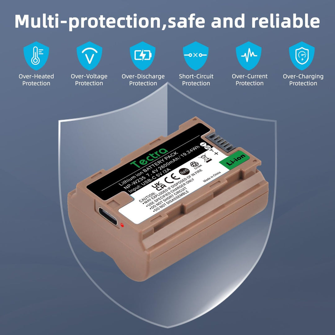 A brown MobileTechnica Tectra NP-W235 USB-C fast charging battery for Fujifilm is centered on a blue premium intro background with a shield and icons noting 6 protections: Over-Heated, Over-Voltage, Over-Discharge, Short-Circuit, Over-Current, Over-Charging.