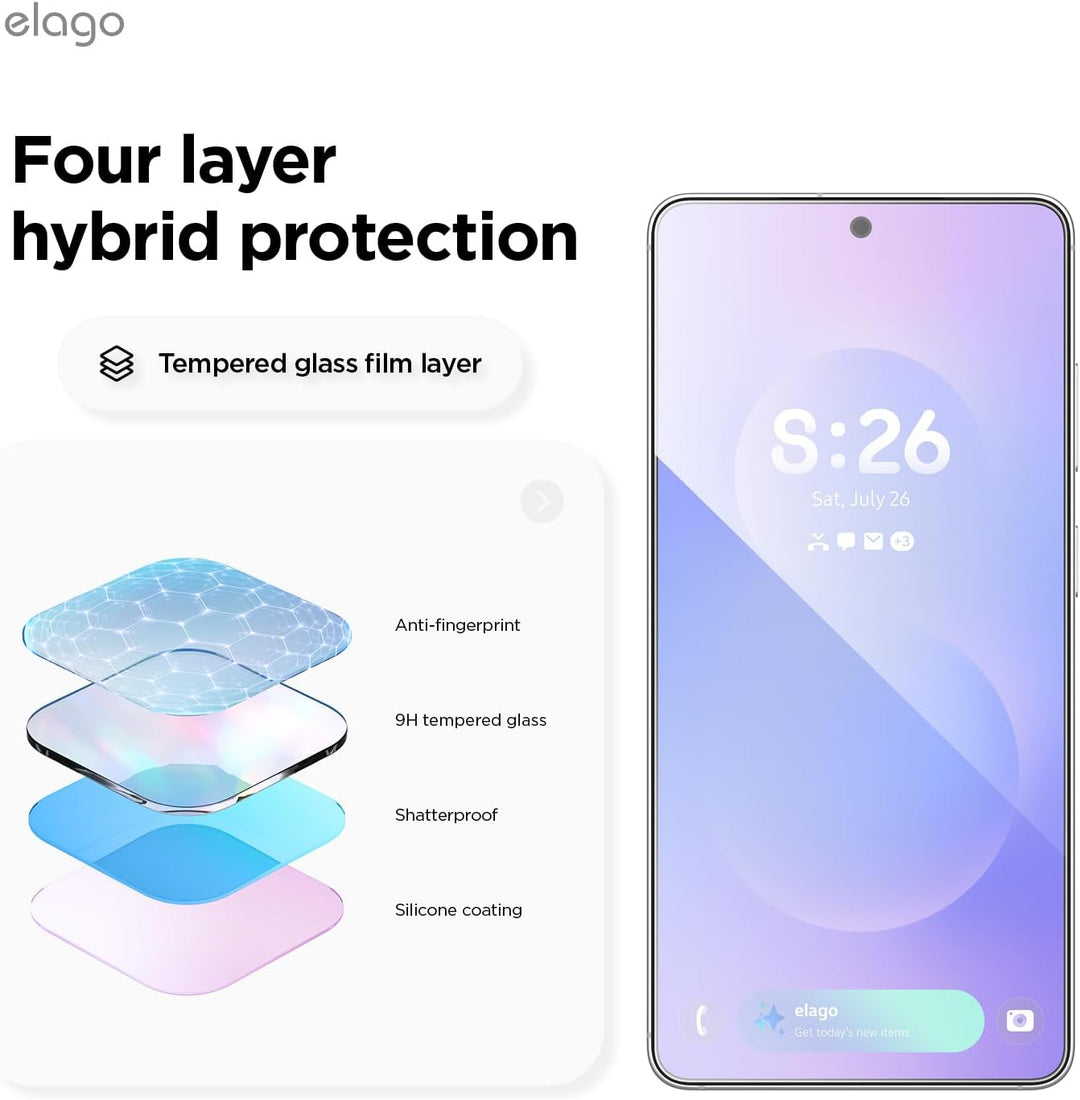 On the right is the Samsung Galaxy S26 Ultra with a vivid display. On the left, MobileTechnica's Elago 2-pack protector layers are shown: anti-fingerprint, 9H glass, shatterproof, and silicone coating. Tap next/previous to explore features.