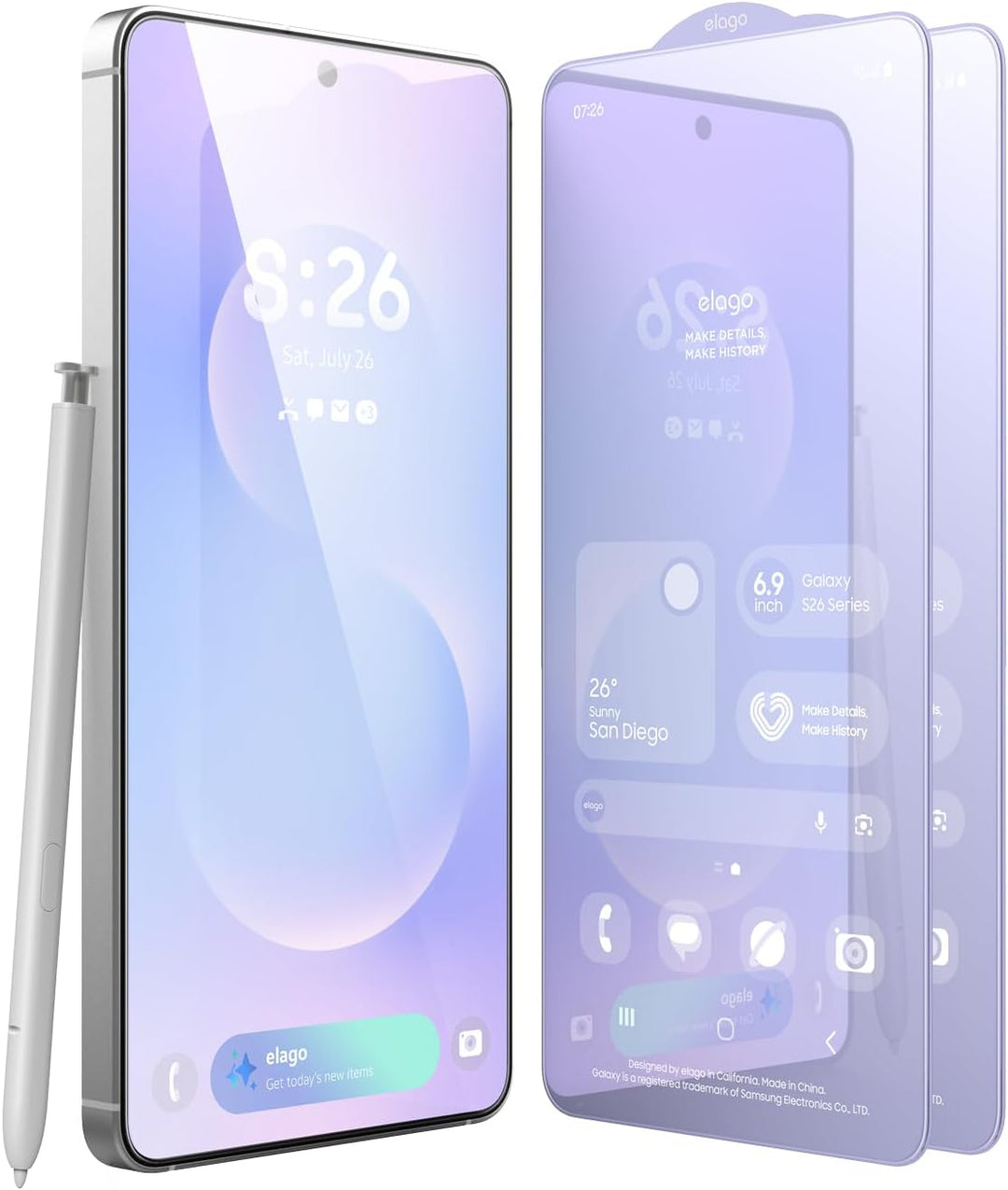 The MobileTechnica Samsung Galaxy S26 Ultra Screen Protector (Elago 2-pack) is shown beside a modern smartphone with stylus, featuring a purple interface displaying navigation icons, time, date, weather info, and app shortcuts.