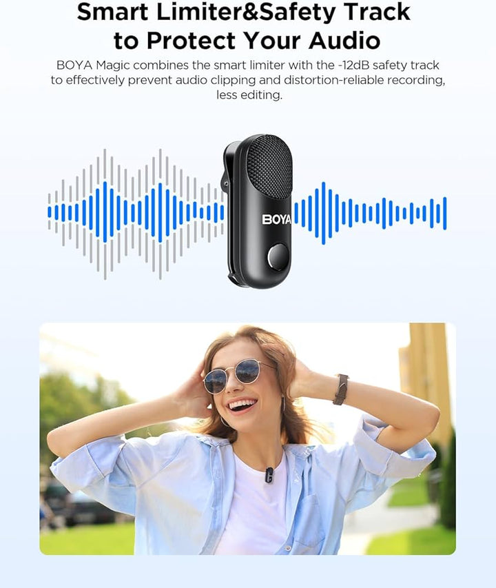 A graphic shows a black Boya Wireless Lavalier Microphone-05 before blue sound waves. Above, text reads: “Smart Limiter & Safety Track to Protect Your Audio.” Below, a smiling woman with sunglasses and headphones enjoys music outdoors under a clear sky.