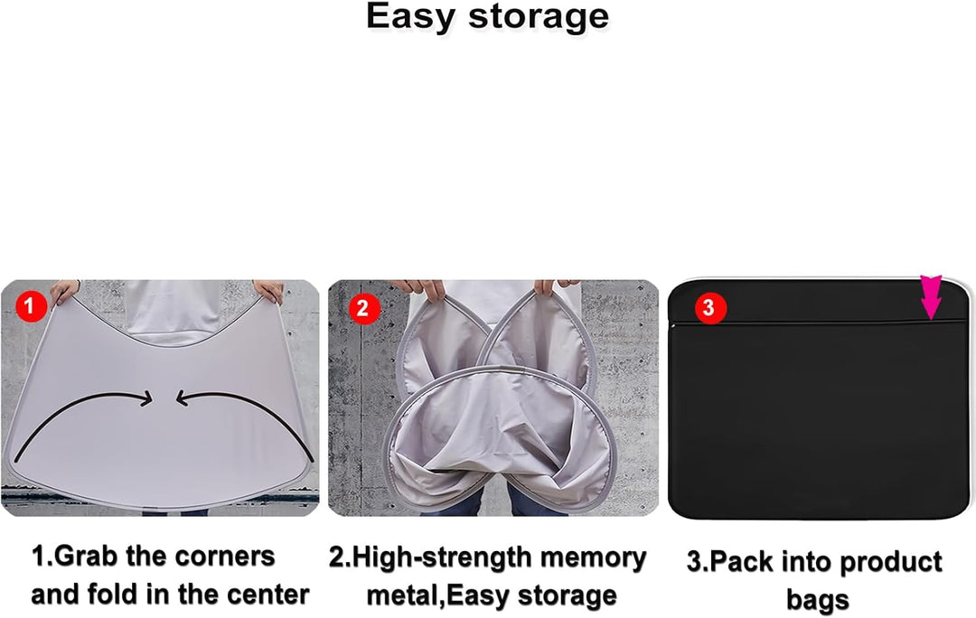 Three-step storage for the MobileTechnica Tesla Model Y Sunshade Roof Cover (2025-2026, 2PCS, Black): Curve corners inward, collapse into overlapping loops, and place the compact sunshade into its black storage bag for easy packing.