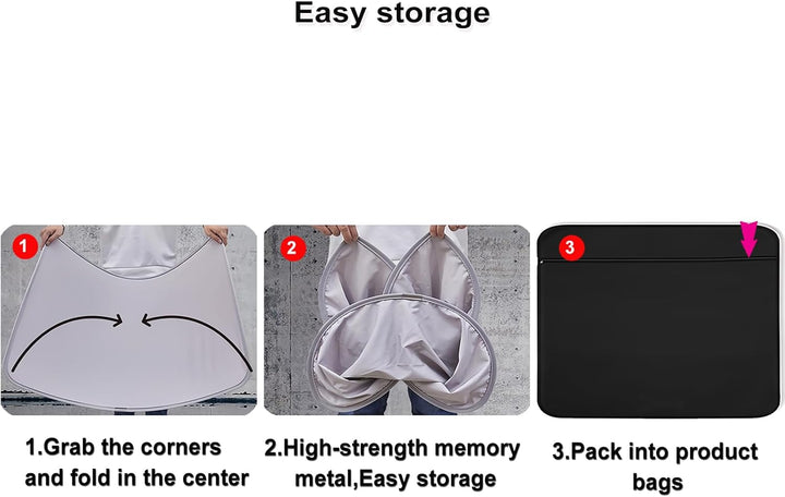 Three-step storage for the MobileTechnica Tesla Model Y Sunshade Roof Cover (2025-2026, 2PCS, Black): Curve corners inward, collapse into overlapping loops, and place the compact sunshade into its black storage bag for easy packing.
