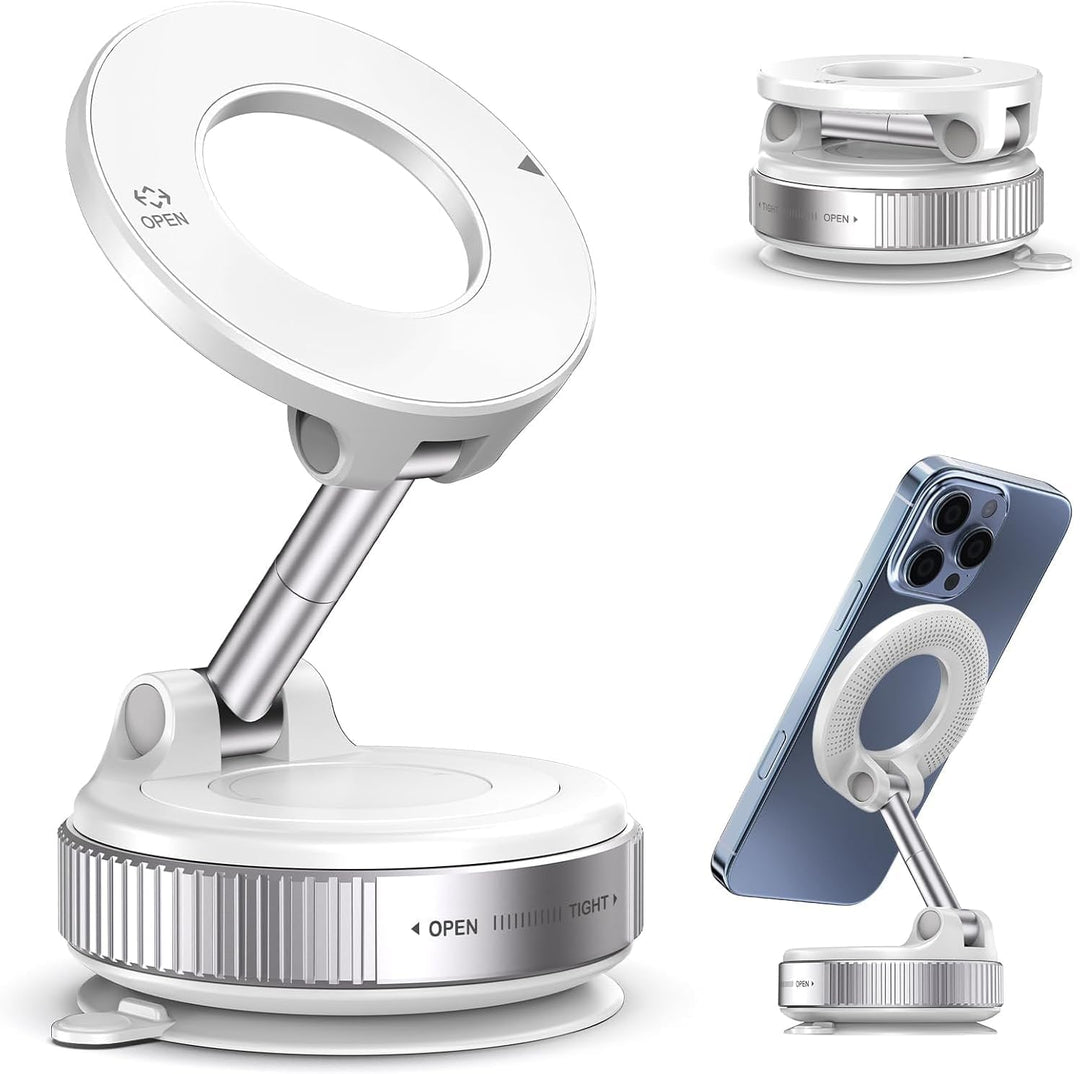 The Raptic iPhone 17 Clear Case with Magnetic Stand—Raptic Air Stand—is a white, circular, adjustable phone stand featuring a rotatable base with an open/tight grip dial and an extendable arm; shown assembled, folded, and in use with a blue MagSafe phone.