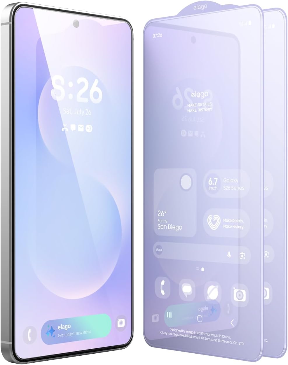 The MobileTechnica Samsung Galaxy S26 Ultra Screen Protector (Elago 2-pack) displays app icons on a purple-blue gradient screen at 5:26, with transparent layers reflecting the phone’s modern interface in vivid detail.