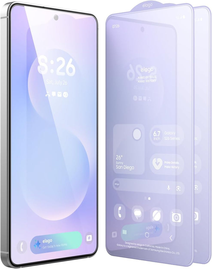 The MobileTechnica Samsung Galaxy S26 Ultra Screen Protector (Elago 2-pack) displays app icons on a purple-blue gradient screen at 5:26, with transparent layers reflecting the phone’s modern interface in vivid detail.